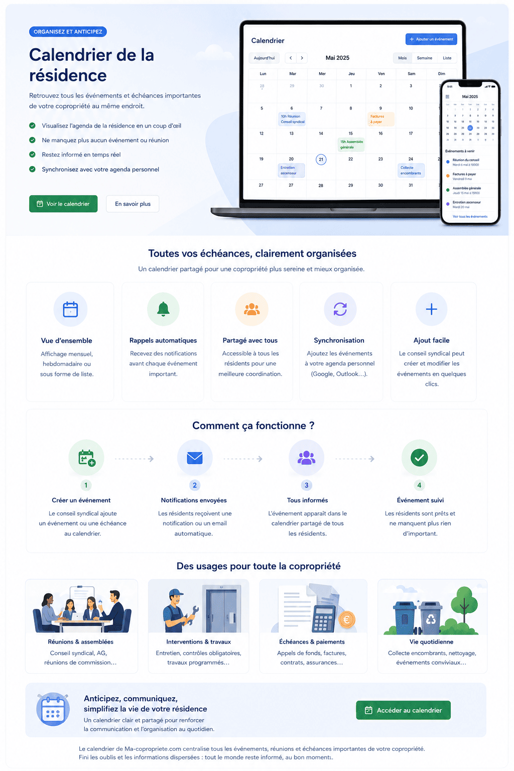 Aperçu du calendrier partagé de la résidence sur Ma-copropriete.com